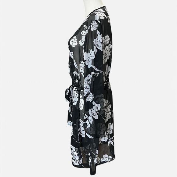 VTG Y2K Secret Treasures Black & White Sheer Floral Print Bell Sleeve Robe M - Picture 3 of 8